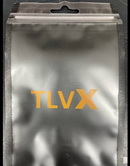 Zwarte verpakking met oranje "TLVX" logo.