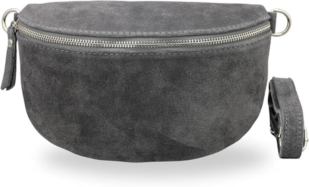 BELCHOME Sahel heuptas voor dames, handgemaakte schoudertas en crossbodytas van suède met leren riem en brede schouderband met patroon, stijlvolle heuptas, gemaakt in Italië, donkergrijs