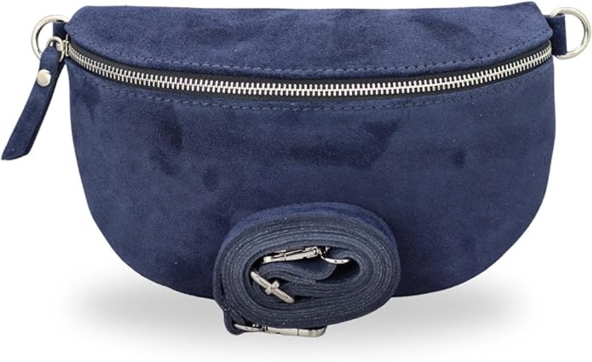 BELCHOME Sahel heuptas voor dames, handgemaakte schoudertas en crossbodytas van suède met leren riem en brede schouderband met patroon, stijlvolle heuptas, gemaakt in Italië, donkerblauw