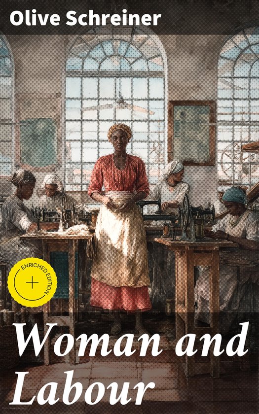 Boekomslag: Vrouw en Arbeid met een vrouw in het midden in een rood-wit gestippeld schort, omringd door vrouwen aan naaimachines.