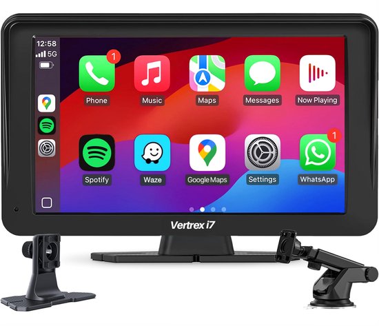 Vertrex Slimme Auto Display - Scherm Compatibel met Carplay en Android Auto - Car Play - Draadloos - 7-Inch - Touchscreen - Zwart
