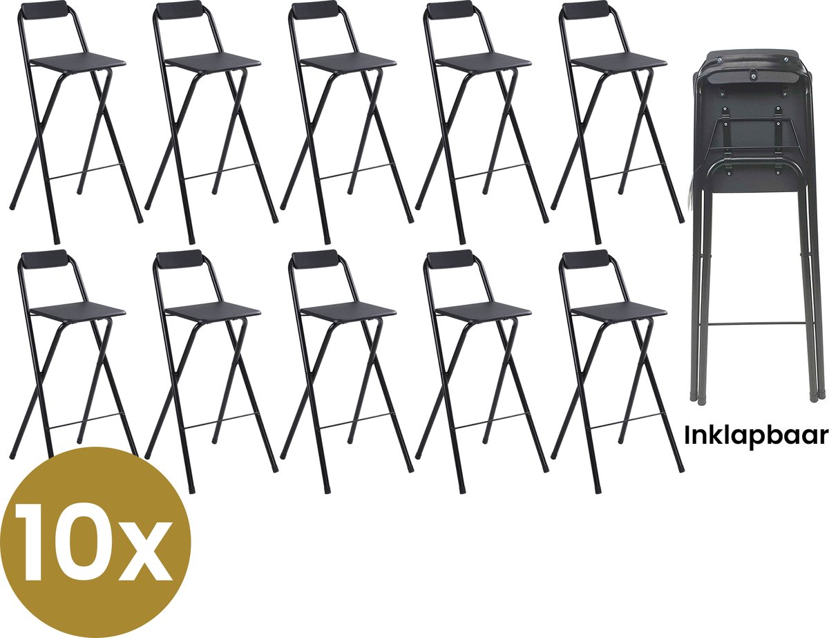 Alora Inklapbare Barkruk - Per 10 - Barkrukken Met Rugleuning - Opvouwbare Barkrukken Set Van 10 - Opklapbaar - Zwart - Outdoor - Barstoel - Klapstoel - Inklapbaar - Met Voetsteun - Camping - Barkruk Buiten