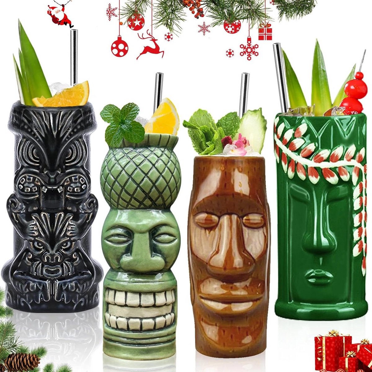 Set van 4 Grote Keramische Tiki Mokken - Tropische Cocktailglazen voor Feest en Bar