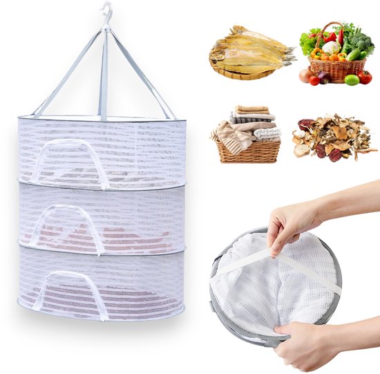 Drielaagse opvouwbare wasmand met ritsnet, opvouwbaar droognet voor kleding, droogrek voor kleding