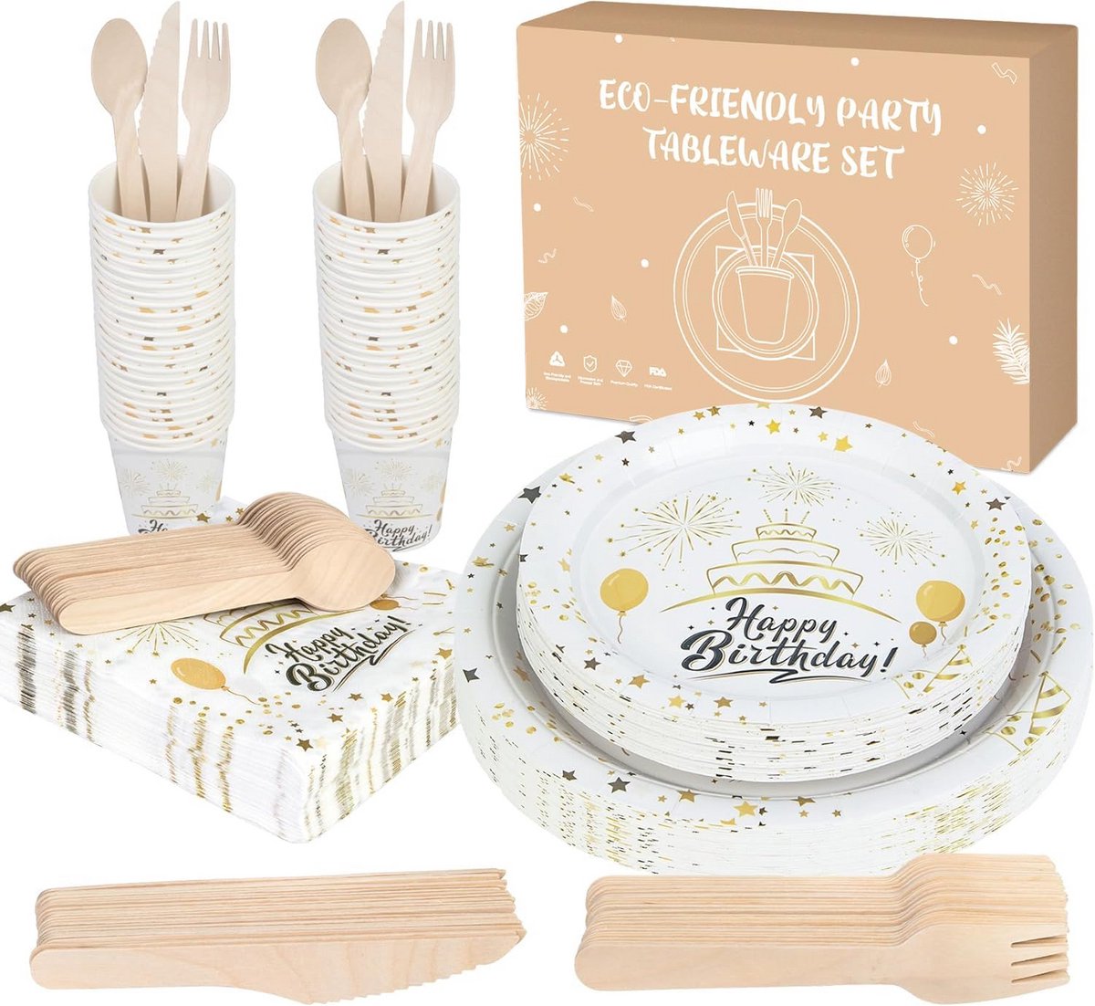 200-delige Witte en Gouden Papieren Feestservies Set voor 25 Personen