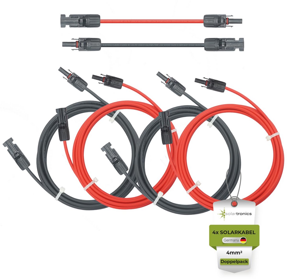 Zonnepaneel Kabel 4 mm² - 4 x 3 meter - Zwart Rood - Zonnestekker aan Beide Zijden - Verlengkabel - Duits Kwaliteitskabel - UV Bestendig - Halogeenvrij - IP67 - AC 0,6/1,0 kV - DC 0,9/1,5 kV - Temperatuurbereik -40°C tot 90°C - 1000 V - 30 A