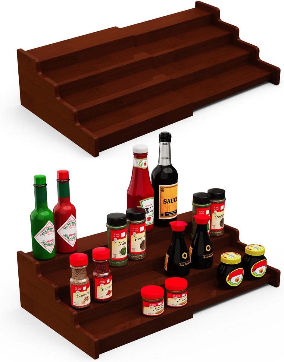 Uitbreidbaar Kruidenrek met 4 Niveaus voor Kast en Aanrecht - Bamboefineer - Set van 2