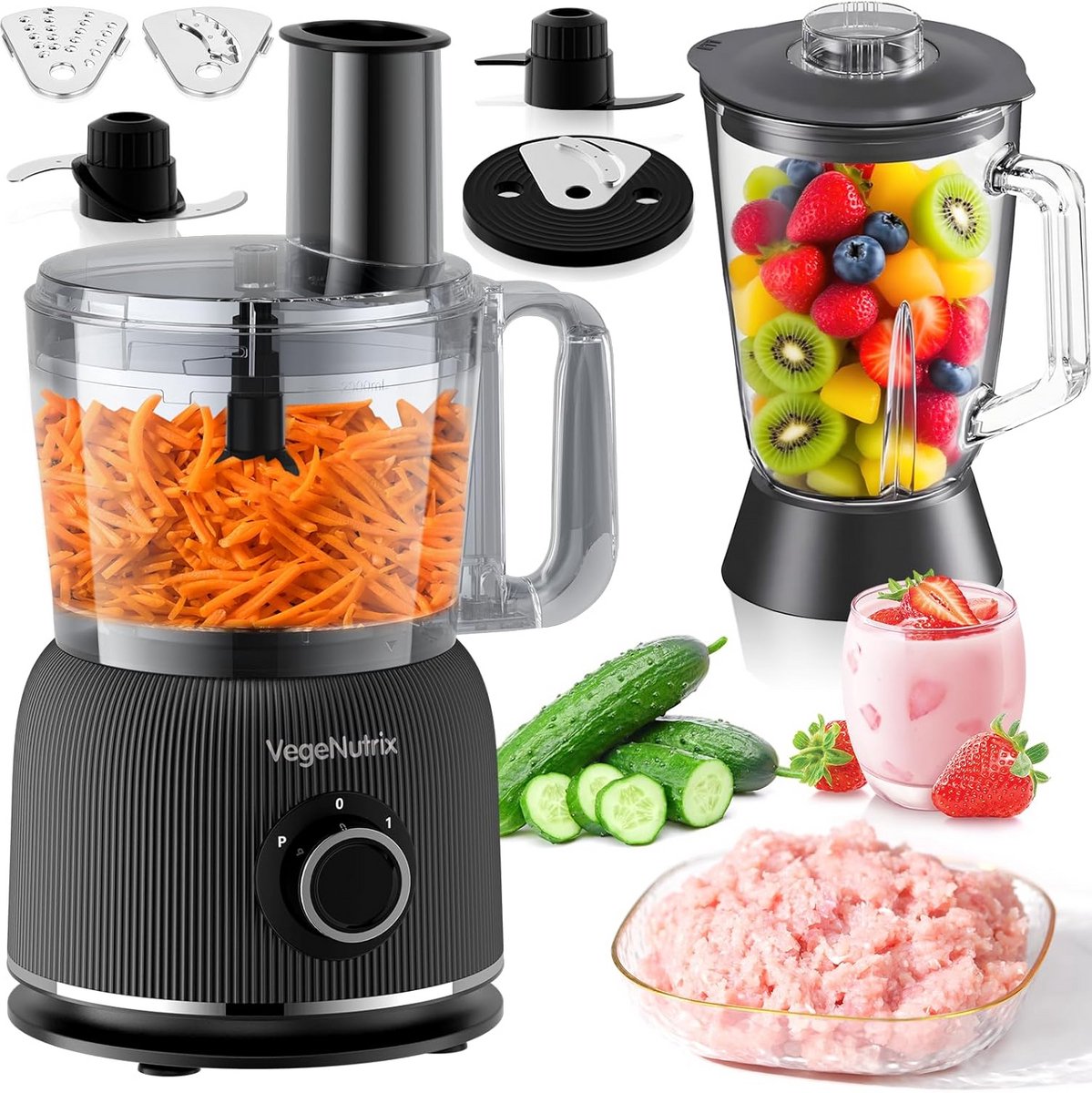 Krachtige Keukenmachine met Blender en Hakmolen - 1500W RVS Mixer met Glazen Kan — afbeelding 1