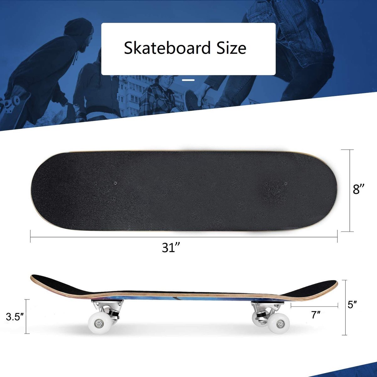 Unyqoos® Compleet skateboard met dubbel kick deck en antislip grip voor alle leeftijden Blauw