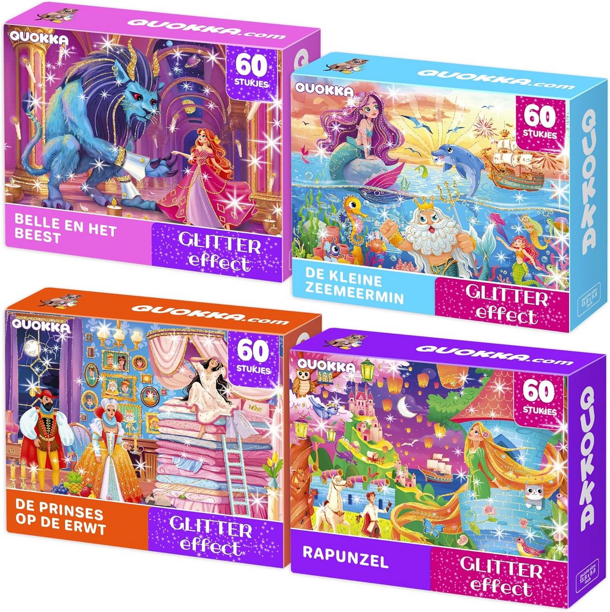 Set van 4 Glinsterende Kindpuzzels met Prinses, Eenhoorn en Zeemeermin voor Kinderen vanaf 4 Jaar
