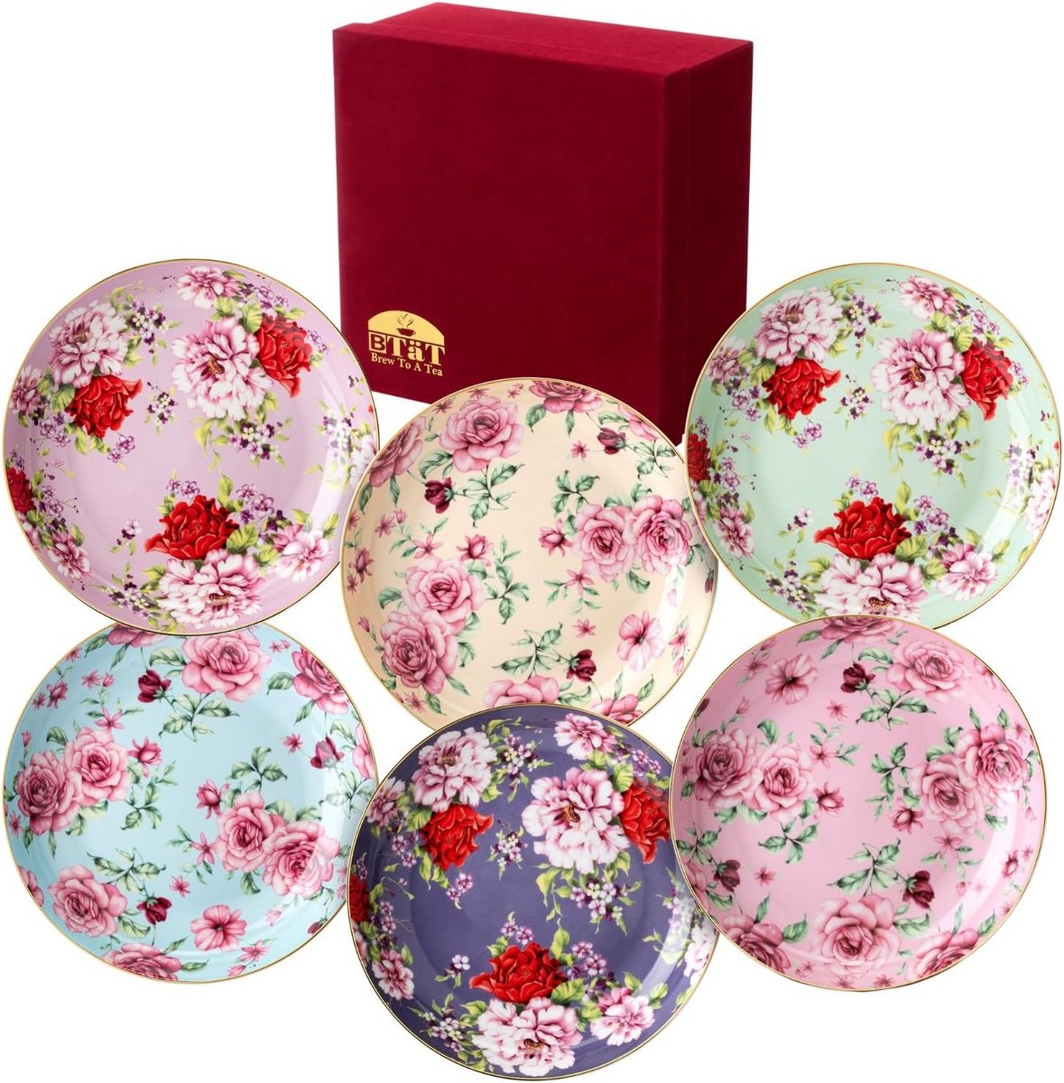 Set van 6 Porseleinen Dessertborden met Bloemdessin - 8 Inch