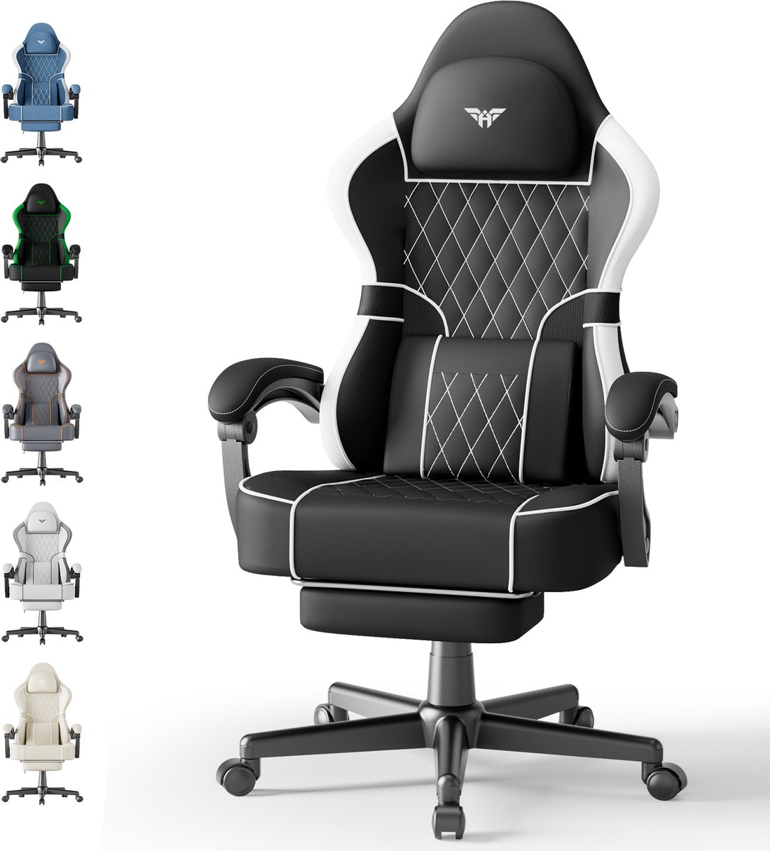 Soontrans-Zwart-Wit-Gaming Stoel-met Inklapbare Voetensteun-Gamestoel Verstelbaar Rugleuning-Ergonomische Gaming Chair-als Bureaustoel-Uitgerust Met Hoofdsteun en Lendensteun-PVC-Leer-Computerstoel Gaming-Voor Volwassenen en Jongeren