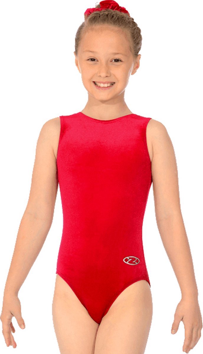 Rood effen velours turnpakje mouwloos maat 116-122 meisjes gympakje rode wijn wijnrood wijnrode velourse fluweel fluwelen stretch