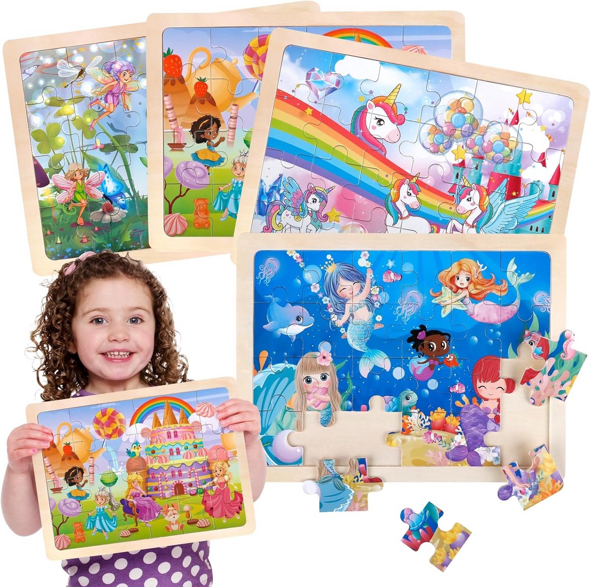 Houten puzzelset van 24 stuks voor kinderen vanaf 3 jaar - eenhoorn, zeemeermin, prinses, fee