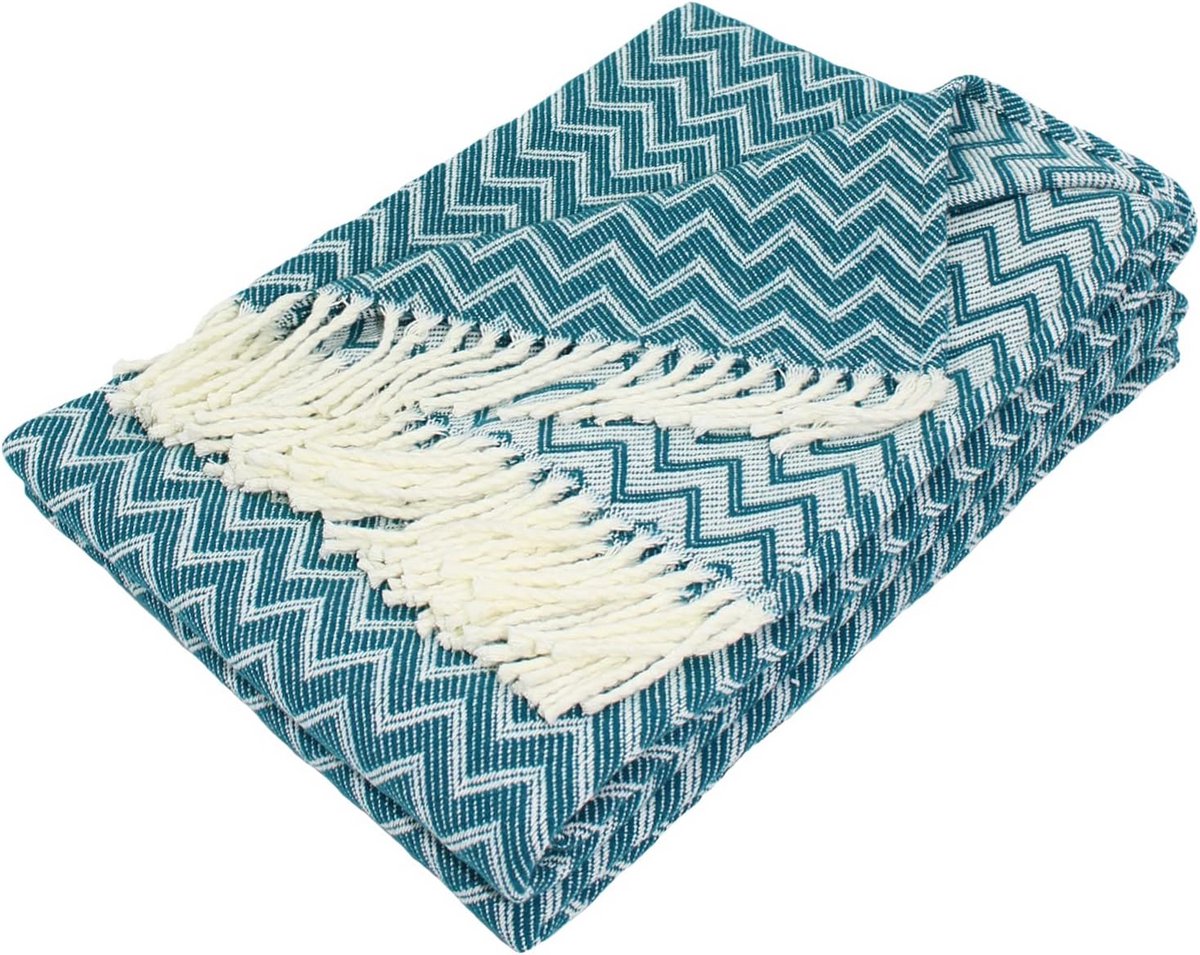 Luxe Katoenmix Dekentje 150x200 met Zigzagpatroon en Franjes - Dubbelzijdig Bruikbaar