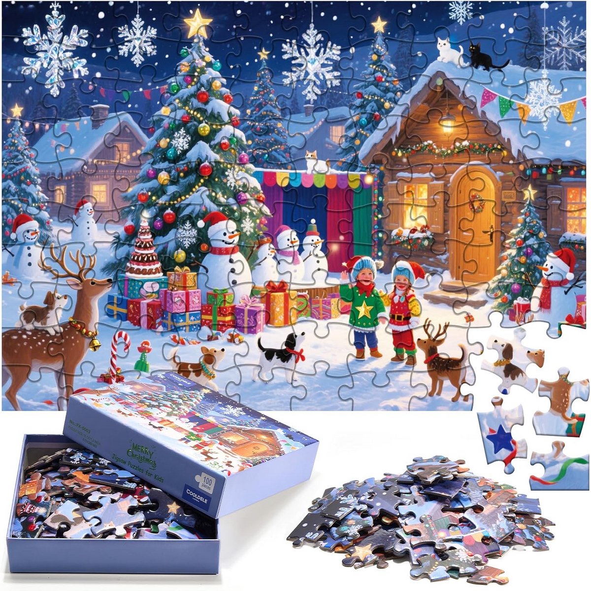Kerstpuzzel 100 Delen voor Kinderen - Feestelijk Puzzelplezier met Sneeuwpop en Dieren