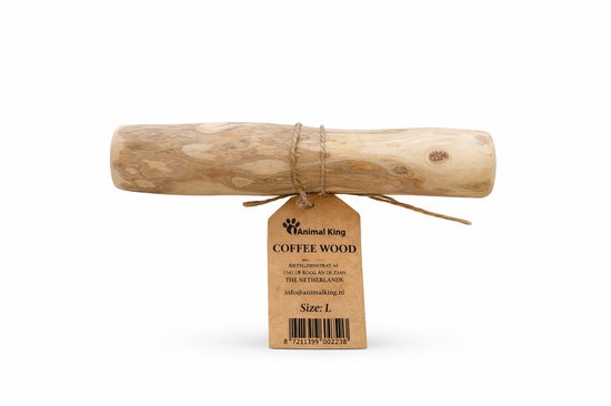 Een houten tak, gebonden met touw, met een bruin label 'Animal King COFFEE WOOD' en maat 'L'.