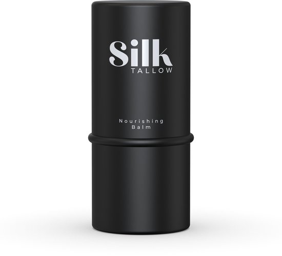 Zwarte cilinderverpakking met 'Silk TALLOW' en 'Nourishing Balm' in witte letters.