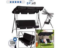 LEAN Driepersoons Tuinschommel met Ligfunctie en Dak Zwart – Luxe Schommelbank met Matras en Kussens, Vrijstaand Stalen Frame, Rocking Chair voor Tuin en Terras, Comfortabel Zitten en Liggen Buiten voor 3 Personen Met Ebook