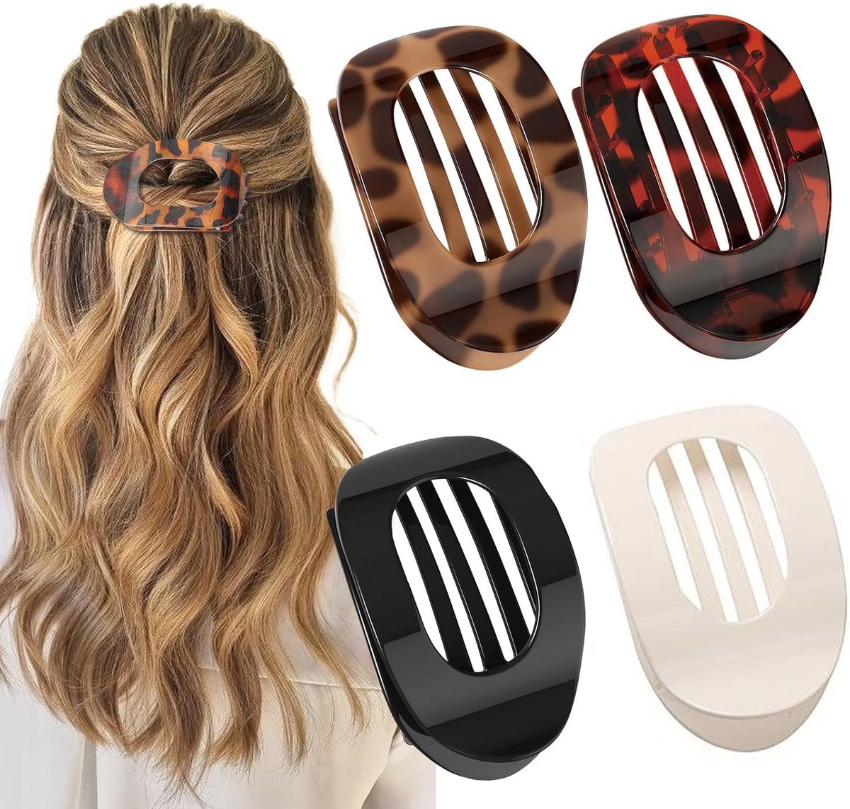 Set van 4 vlakke, ergonomische haarklemmen voor dames met sterke grip