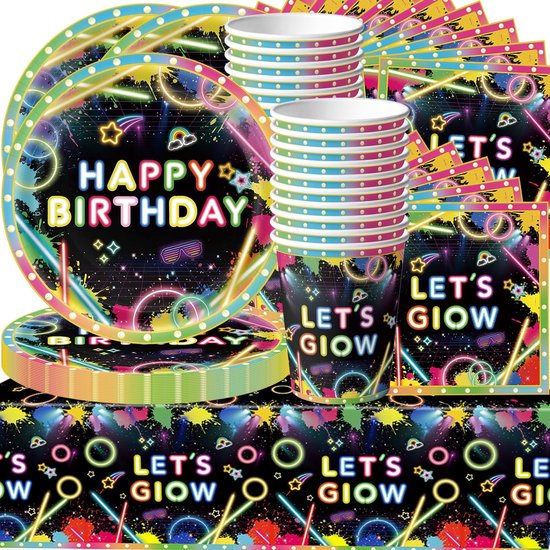 61 Stukken Neon Feest Tafelgerei Set - Kleurrijke Luminous Feestdecoratie - Neon Thema Verjaardag - Jongens Meisjes Verjaardagsdecoratie - Disco Tafelgerei Inclusief Borden, Bekers, Papieren Handdoeken