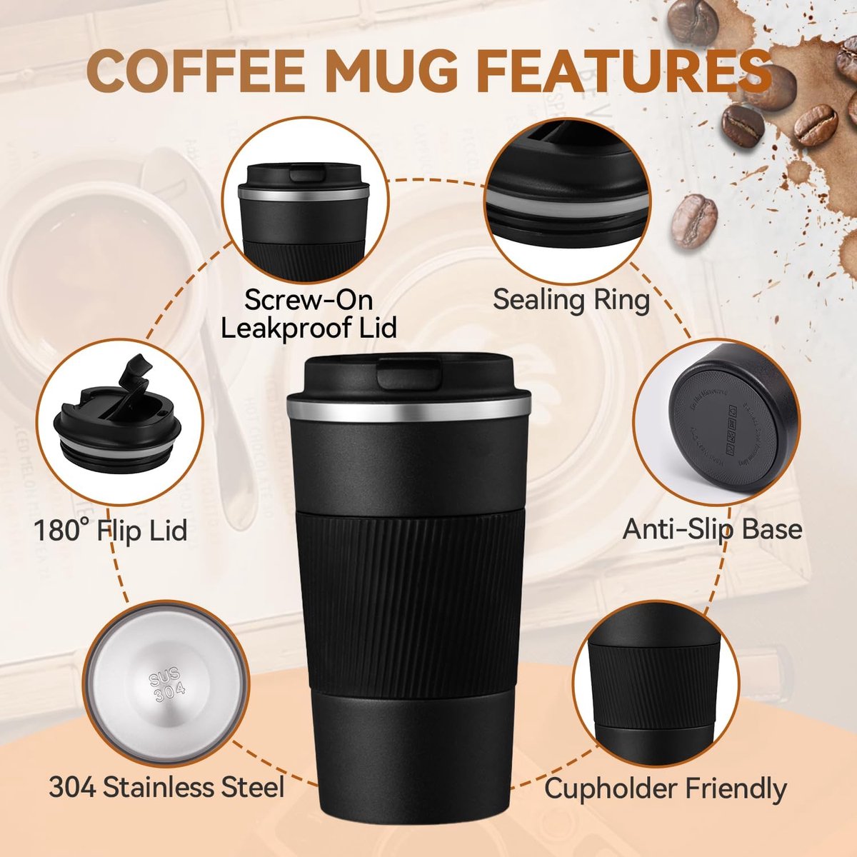 Koffiemok - Geïsoleerde mok - Campingmok - Warme en koude dranken - RVS-Siliconen hoes - Geschikt voor in de auto, op de camping en voor dagelijks gebruik - Zwart - 7*7*14,5 cm - 380 ml — cadeau in Cadeau-ideeën - foto 6