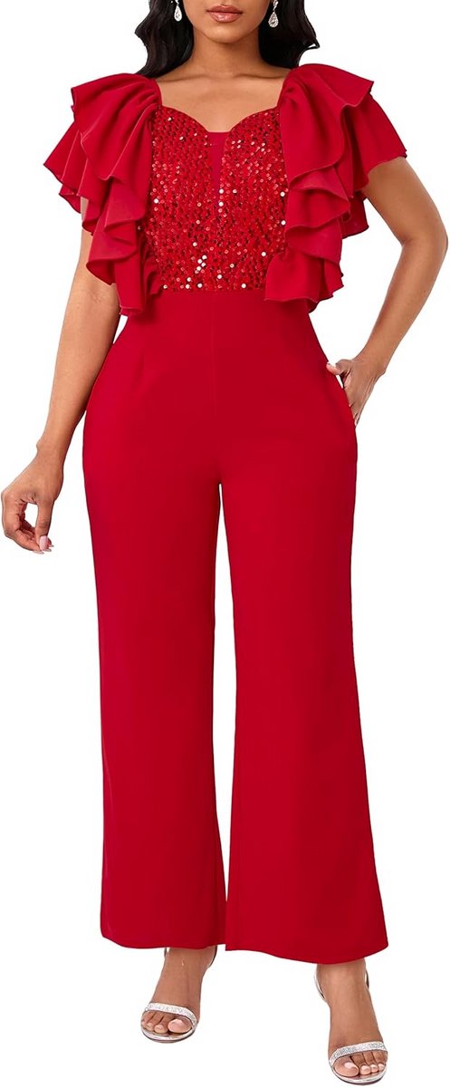 Elegante Pailletten Jumpsuit Dames met Ruches - Mouwloze V-hals Romper voor Feest en Cocktail