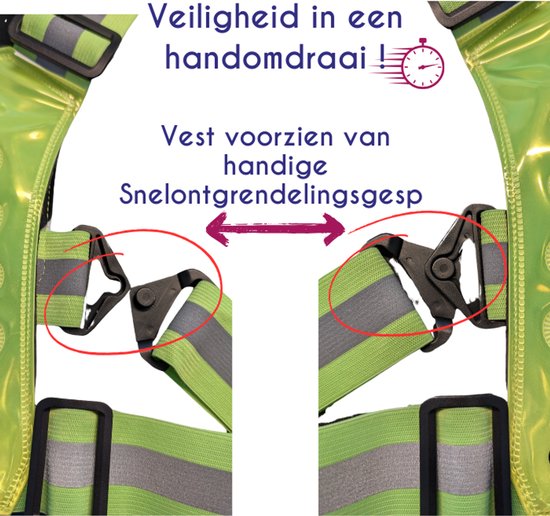 Detail van een groen reflecterend vest met verstelbare banden en een snelsluiting.