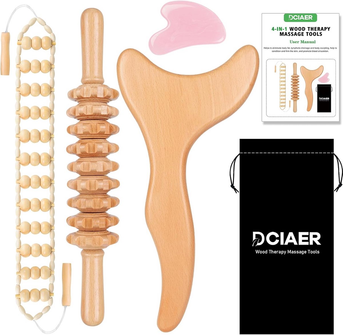 Houten Massage Roller Set 4-in-1 voor Lymfedrainage en Spierontspanning