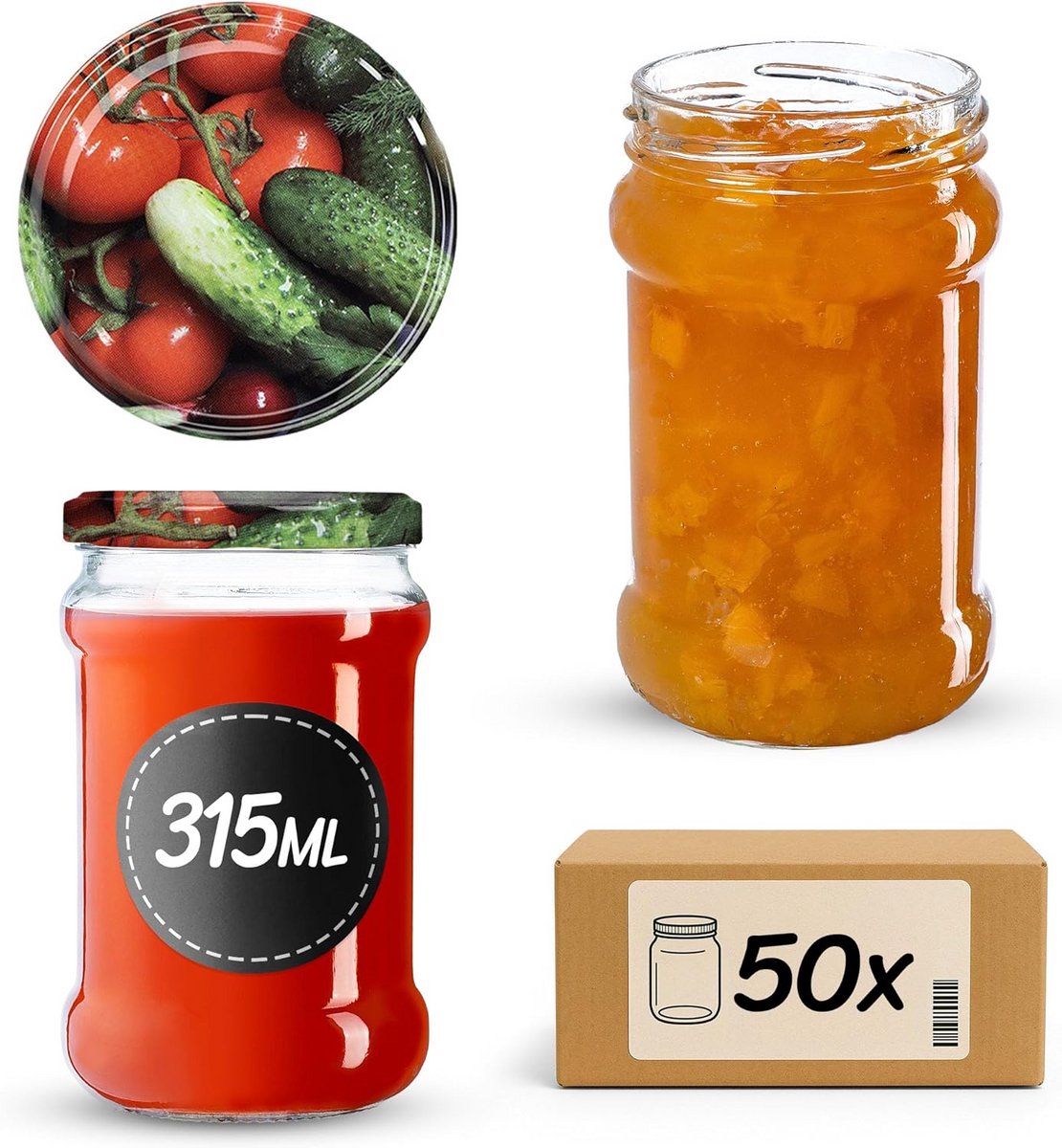 Set van 50 Kleine Inmaakpotten 315 ml met Deksel voor Jam en Honing