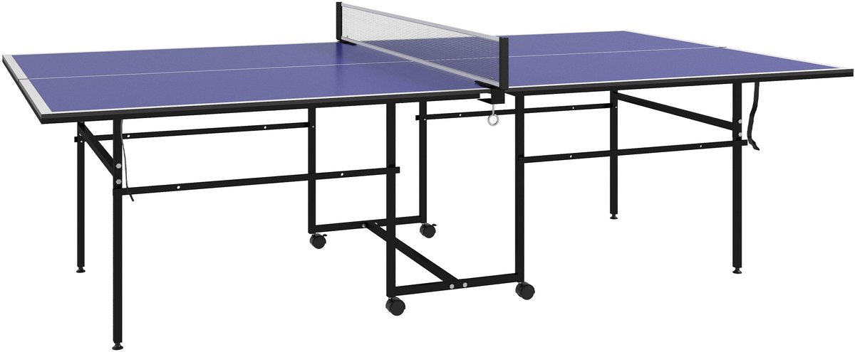 Tafeltennistafel, in vier delen opvouwbaar met wielen, tafeltennisset met 2 tafeltennisrackets, 3 ballen, geschikt voor binnen- en buitengebruik, staal, blauw, 274 x 152,5 x 75,5 cm