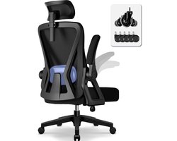 Hiaonyx bureaustoel-ergonomische bureaustoel-bureaustoelen voor volwassenenOpklapbare armleuningen-2D lendensteun-Maximale kanteling 135°-Met stille wielen-Zwart