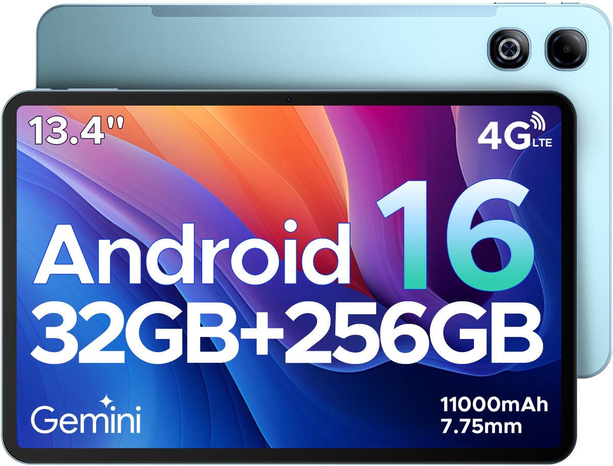 DOOGEE TAB G6 MAX - Android 16-tablet - 4G LTE - 13,4-inch FHD+ 90Hz IPS - 11000mAh/18W - 32GB ROM + 256GB RAM/2TB TF - Octa-core gamingtablet - 5G Wi-Fi - Widevine L1 - Face ID - OTG - Dubbele luidsprekers