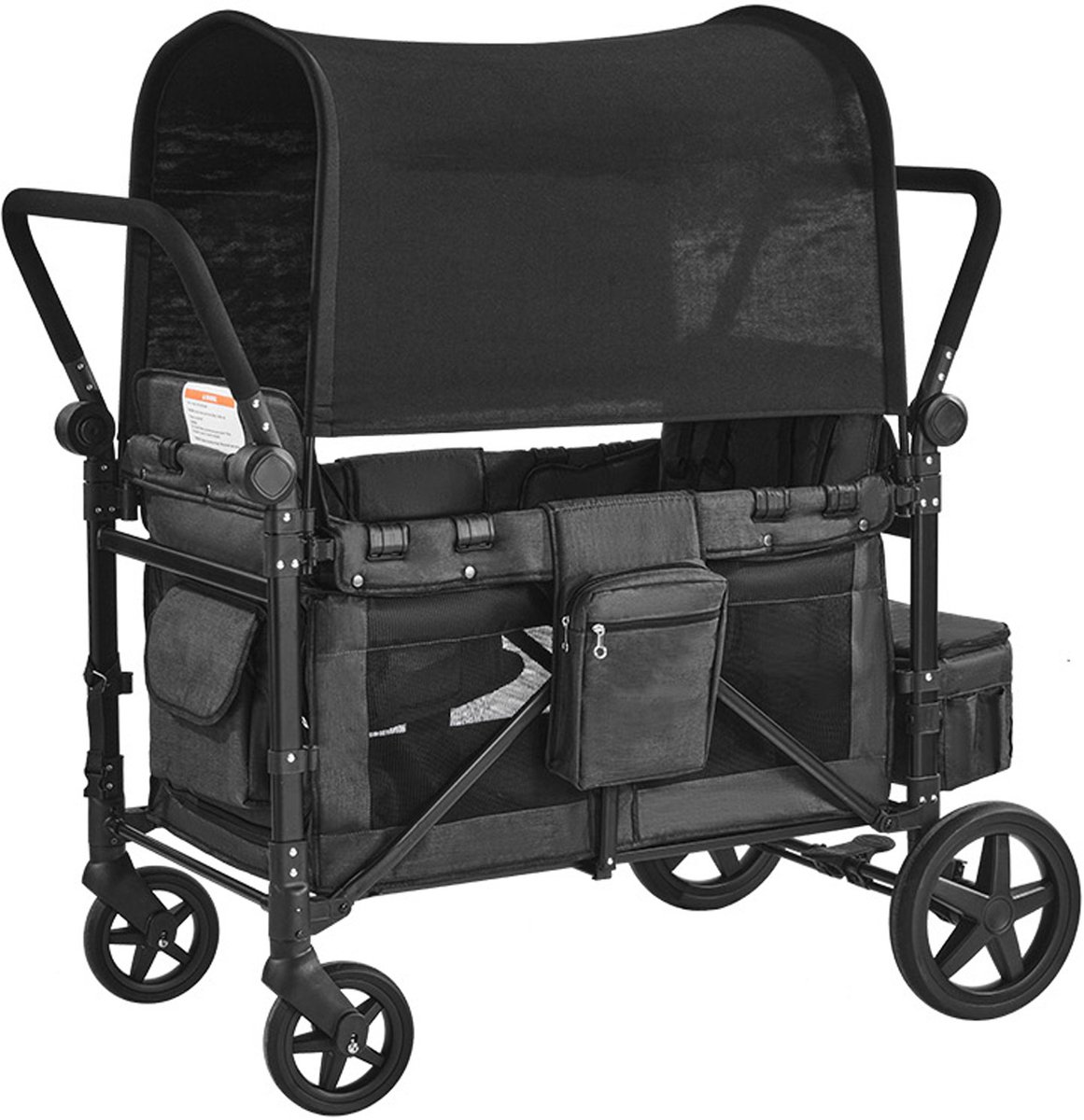 Wagon kinderwagen voor 4 kinderen, opvouwbare push-pull-vierlingwagen met verstelbare handgreep, veiligheidsgordel en afneembare kap, draagvermogen 140 kg, donkergrijs en zwart
