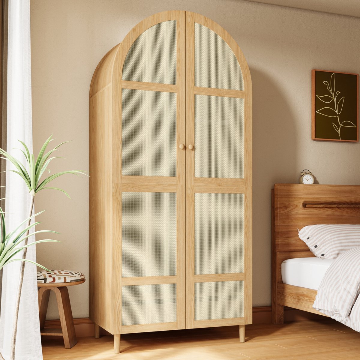 Sweiko Kledingkast - Rieten decoratie - Met lade - Kledingstang - Natuurlijke