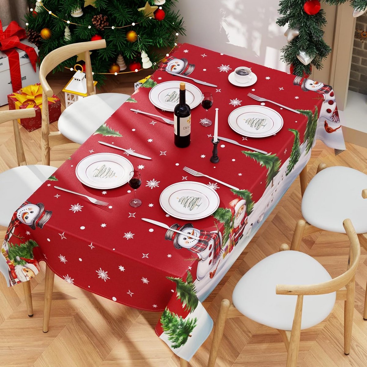 Rechthoekig Kerst Tafelkleed met Sneeuwvlokken en Winterse Dessins voor Diner en Feest