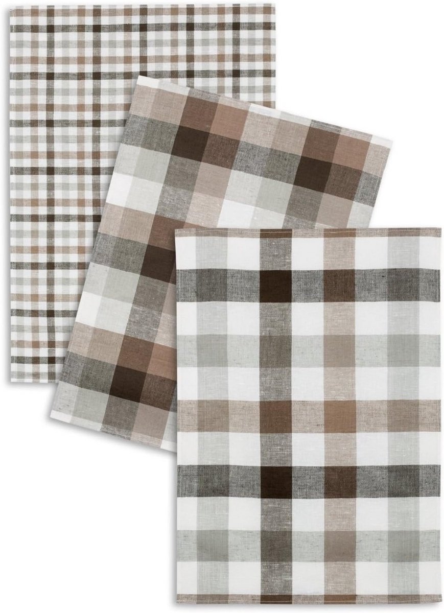 Theedoek Halflinnen Geruit 3-Pack in Bruin en Grijsbruin 50x70cm