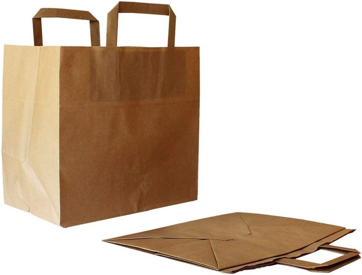 Bruine Papieren Draagtassen met Platte Stevige Handgreep - 25 Stuks - 26x17x25 cm