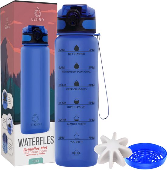 Lekro Motivatie Waterfles 1 Liter - Motiverende Drinkfles met Tijdmarkeringen - 100% Lekvrij - Waterfles met Fruit Filter & Shake Bal/Shaker - Voor Volwassenen en Kinderen - 1 Liter - BPA vrij - Blauw