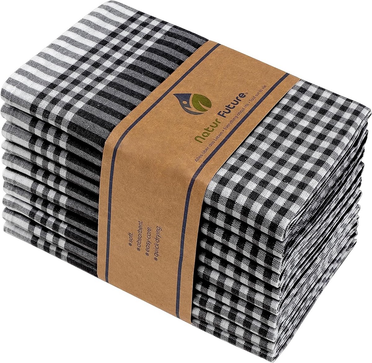 Set van 10 Katoenen Theedoeken Zwart Geruit met Hanger 45x65 cm