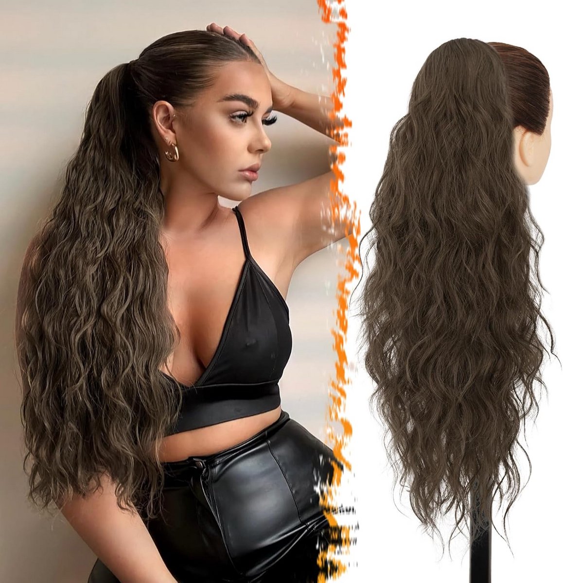 26 Inch Lang Golvend Clip-In Paardenstaart Haarverlenging Synthetisch Kastanjebruin