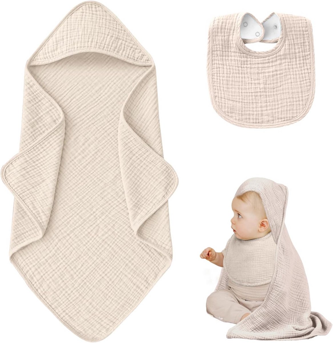 Babyhanddoekenset met capuchon 76 x 76 cm - zacht mousseline katoen, handdoek + U-slabbetje, ideaal voor pasgeborenen en peuters