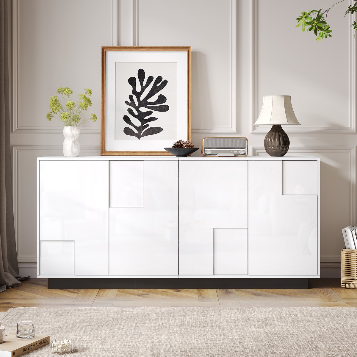 Sweiko Dressoir - Halmeubel - Hoogglans - Geometrisch patroon - 160 x 37 x 75.5 cm - Wit
