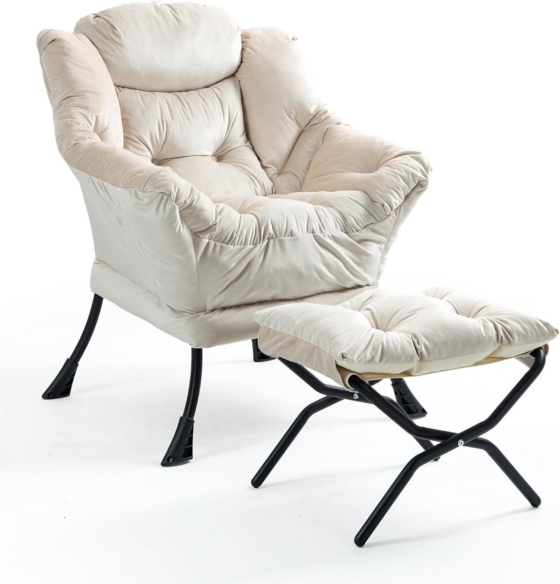 Luxe Velours Fauteuil met Voetenbankje en Neksteun - Comfortabele Lounge Stoel met Metalen Poten