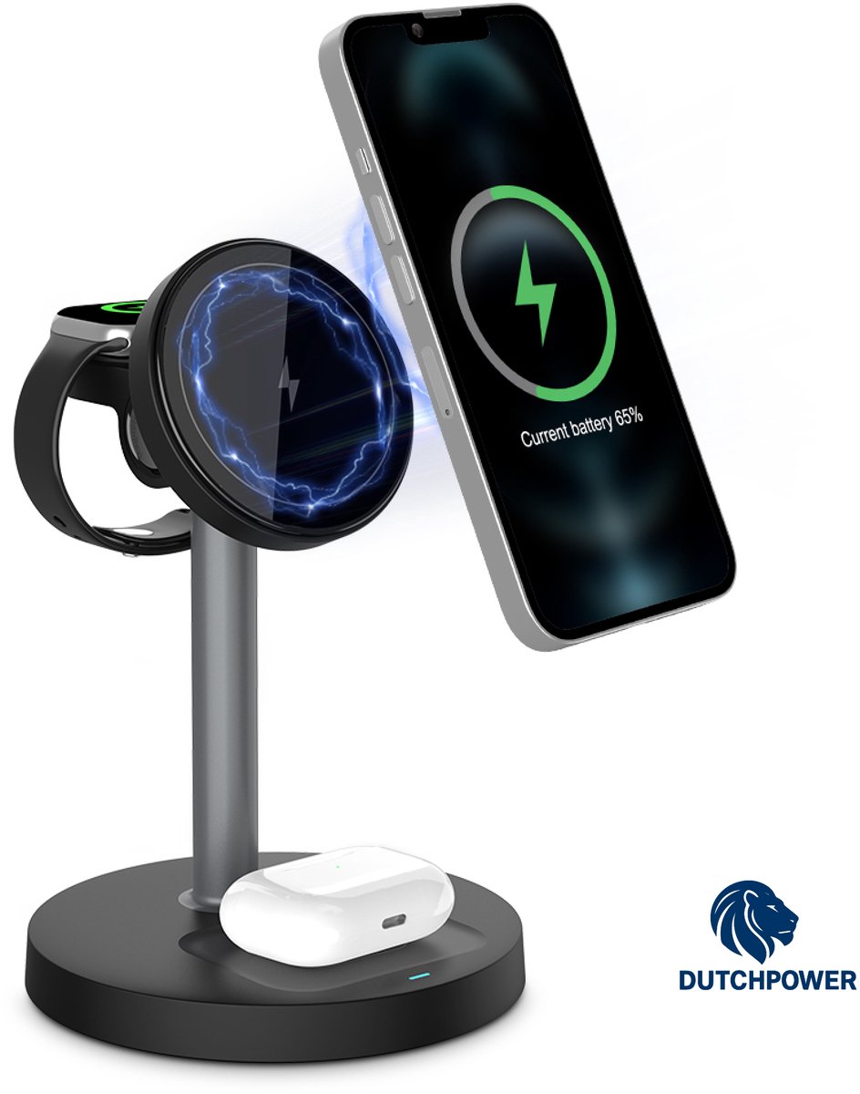 DUTCHPOWER Simple Tower – 3-in-1 Draadloos Oplaadstation – Voor iPhone, Apple Watch en AirPods – Verticaal en Compact Ontwerp – 15W Snellader – Zwart