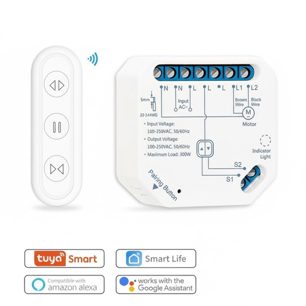 Yklhsocneg Tuya Smart Life WiFi 433 Mhz Blind Gordijn Schakelaar met Afstandsbediening voor Elektrische Rolluik Controle, 2RC 1RE