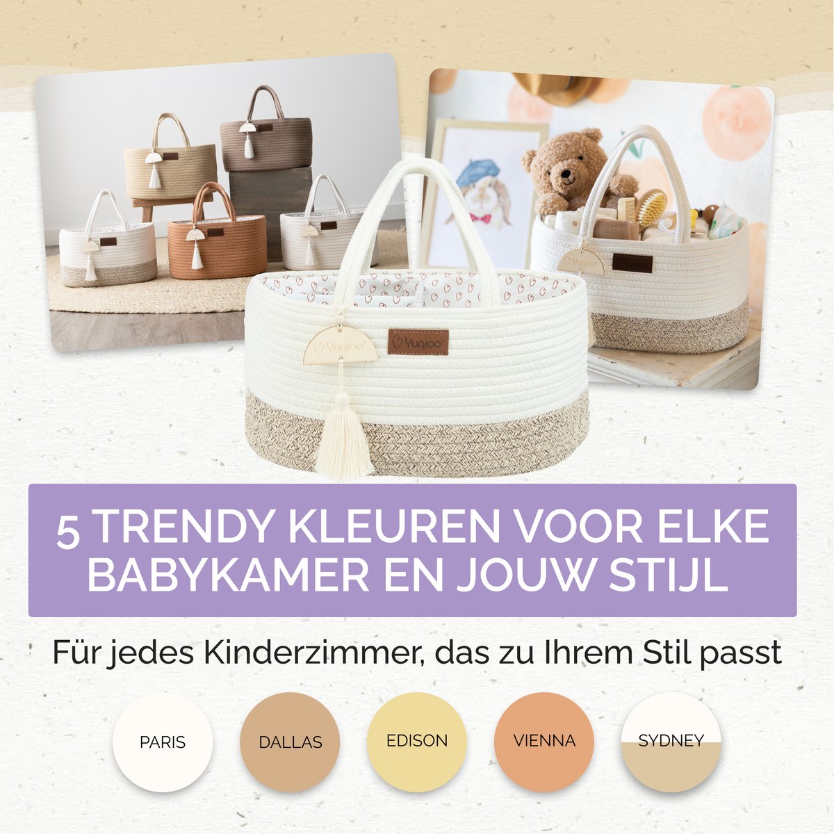 Yunioo Commodemandje en Luiertas - Luiermand voor Baby Kamer - Luier Mand Organizer - Opbergmand kinderkamer - Speelgoedmand - Wit-Beige – foto 7
