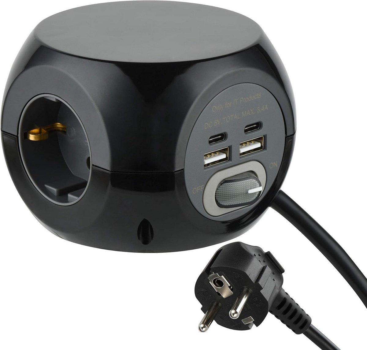 Stekkerblok Kubus met 3 Stopcontacten en 4 USB Poorten (USB-C en USB-A)