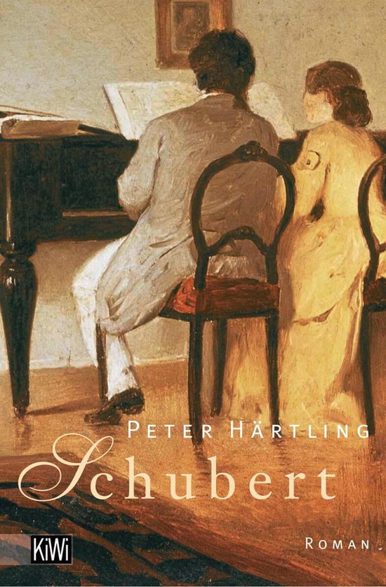 Boekomslag met een olieverfschilderij van een pianist en een vrouw aan een vleugel; titel 'Schubert' door Peter Härtling.
