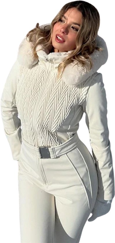 MOBO - Skipak dames - Jumpsuit Skipak - Wintersportkleding - Skipak Overall - Skijas en Broek - Ski outfit - Beige - Maat S/M 36